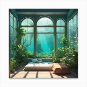 Anime Bedroom Full Of Plants With Giant Window Looking Out Underwater 3 Canvas Print