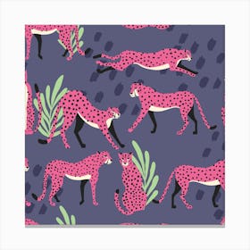 Tropical Pink Cheetah Pattern On Purple With Florals And Decoration Square Canvas Print