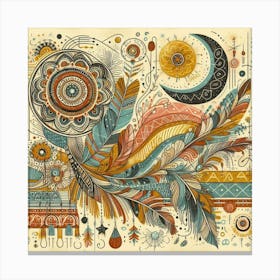 Bohemian Art.Boho art, moon and yellow squiggly line, American style. Canvas Print