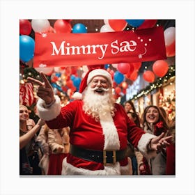 A Festive Christmas Scene With A Cheerful Man Dressed As Santa Claus Holding A Sign Fingers Pointin (3) Canvas Print