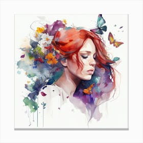 Watercolor Floral Red Hair Woman #1 Canvas Print