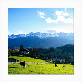 Alpine Pastoral Landscape Cows Grazing On Lush Green Slopes Snow Capped Mountains In The Distance (4) Canvas Print