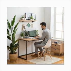 A serene and well-organized home office setup, with a person working comfortably at a desk surrounded by plants and natural light, illustrating the concept of a productive and harmonious remote work environment. This image is applicable to industries related to home office solutions, interior design, and remote work. Canvas Print