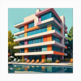 Graphic Illustration Of Mid Century Architecture With Sleek Lines And Vibrant Colors, Style Graphic Design Art Print 3 Canvas Print