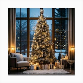 A Majestic Christmas Tree Standing Tall And Adorned With A Mix Of Ostentatious And Minimalist Decor Canvas Print