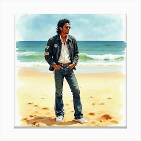 Michael Jackson In A Watercolor Beach Scene With Golden Sands 1 Canvas Print