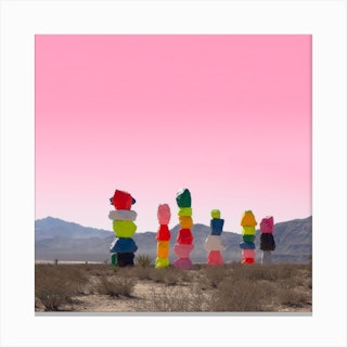 Seven Magic Mountains With Pink Sky In Las Vegas Square Canvas Print