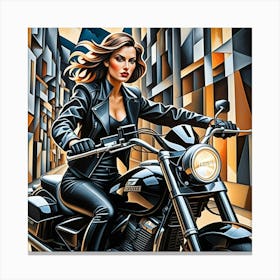 Woman On Black Motorbike Cubism Style Canvas Print