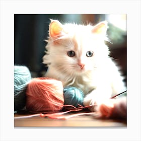 White Kitten Playing With Yarn Canvas Print
