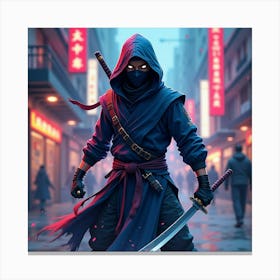 Ninja Fighter With A Watercolor Shuriken In A Neon City 1 Canvas Print