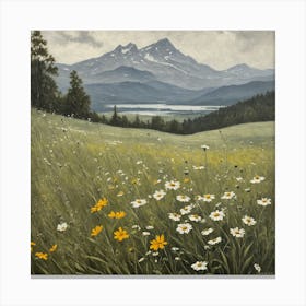 Vintage Oil Painting of Wild Flowers in a Meadow, Mountains in the Background 15 Canvas Print