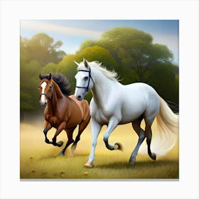 Two Horses Running In A Field Canvas Print
