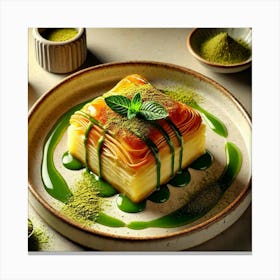 A Beautifully Plated Dish Of Matcha Galaktoboureko Canvas Print