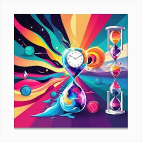 A colorful and abstract illustration depicting time, featuring clocks. Canvas Print