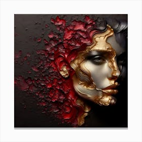 Abstract Face Portrait Of A Beautiful Woman - An Embossed Artwork In Blood Red, Golden, and Silver Grey On Charcoal Background. Canvas Print