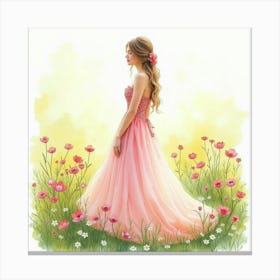 Lovely Gown Watercolor, In A Colorful Spring Meadow 1 Canvas Print