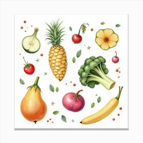 Sophisticated Watercolor Depiction Of Assorted Veggies And Fruits With An Elegant Touch 1 Canvas Print