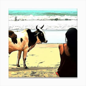 Cow and Woman at Beach Canvas Print