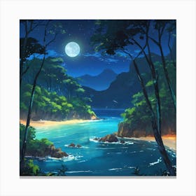 Moonlit Tropical Beach Enclosed by Lush Forest Under a Starry Night Sky 1 Canvas Print