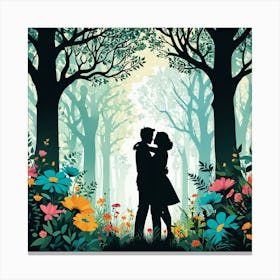 Couple Kissing In The Forest, Silhouettes Of Two People Hugging Surrounded By Elements Of Nature Flowers Trees Growing , Silhouette Of Couple In The Forest 1 Canvas Print