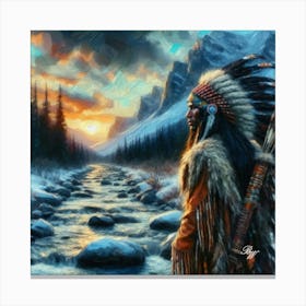 Oil Texture Native American Warrior By Stream 2 Canvas Print