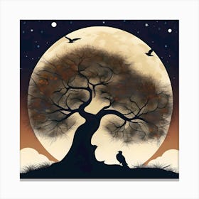 Landscape With Tree On Full Moon Night Canvas Print