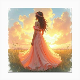 Charming Dress In Watercolor, With An Ethereal Sunset Sky 1 Canvas Print