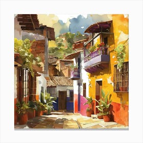 Watercolor Of A Street In Colombia Canvas Print