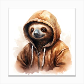 Watercolour Cartoon Sloth In A Hoodie 2 Canvas Print