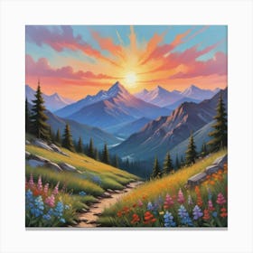 Sunset in the Mountains, Boho Landscape, Wildflowers Art Print 2 Canvas Print