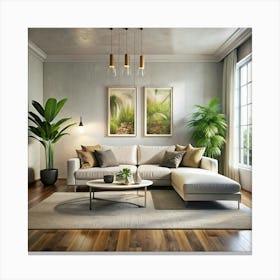 Modern Living Room With Sectional Sofa And Tropical Plants Canvas Print