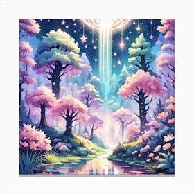 A Fantasy Forest With Twinkling Stars In Pastel Tone Square Composition 398 Canvas Print