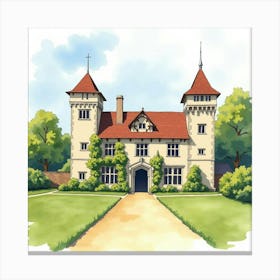 Watercolor Of The Harvington Hall In Worcestershire, Capturing Its Medieval Charm And Beautiful Surroundings Canvas Print