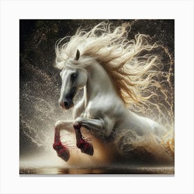 White Horse Running In Water 1 Canvas Print