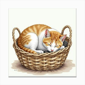 A British Shorthair Cat Napping In A Basket While Its Owner Works, Watercolor 1 Canvas Print