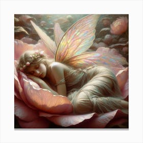 Fairy Sleeping On A Rose, A peaceful fairy with iridescent wings lies asleep, cradled by a rose's soft petals. Her serene expression evokes a sense of tranquility amidst the enchanting floral backdrop, and her delicate crown suggests a connection to nature. classic art Canvas Print