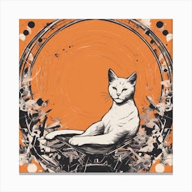 A Silhouette Of A Cat Wearing A Black Hat And Laying On Her Back On A Orange Screen, In The Style Of (3) Canvas Print