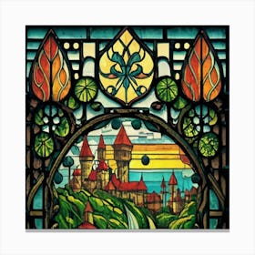 Image of medieval stained glass windows of a sunset at sea 8 Canvas Print