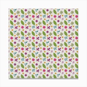 Pattern Flowers Leaves Green Purple Pink Canvas Print