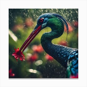 Blue and Green Feathered Bird with Hibiscus Canvas Print