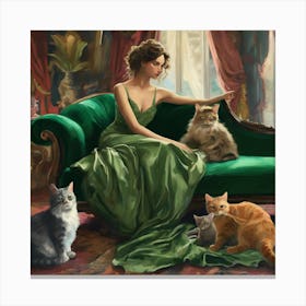 Decadent Young Woman After The Dance With Cats Green Sofa Canvas Print