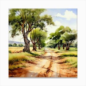 Watercolor Country Path Tall Olive Green Trees Lining The Country Path Landscape Country Field Canvas Print