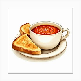 A Watercolor Rendering Of A Classic Creamy Tomato Soup With A Side Of Grilled Cheese Sandwiches Canvas Print