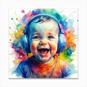 A Baby Wearing Headphones And Smiling Canvas Print