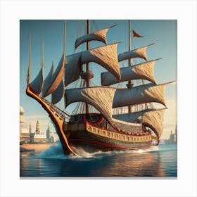 Xebec Ship Sailing On The Sea With Persian Town (3) Canvas Print