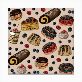 Seamless Pattern With Sweet Cakes Berries Canvas Print