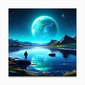 A Glowing Lake On The Planet Moon With A Blue Planet Earth On The Background Faced By Side With Ire(1) Canvas Print