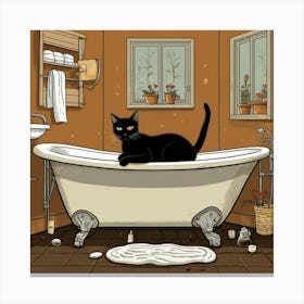 Default Black Cat On Bathtub Brown Black Bathroom Art Print 2 Canvas Print