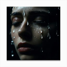 Close Up Photo Capturing An Oversized Glistening Tear Suspended On A Somber Face Dark Murky Backdro (1) Canvas Print