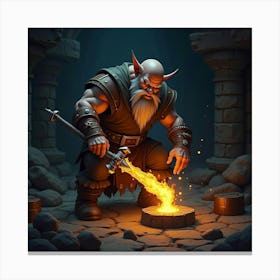 Dwarven Blacksmith Forging A Glowing Enchanted Weapon Canvas Print